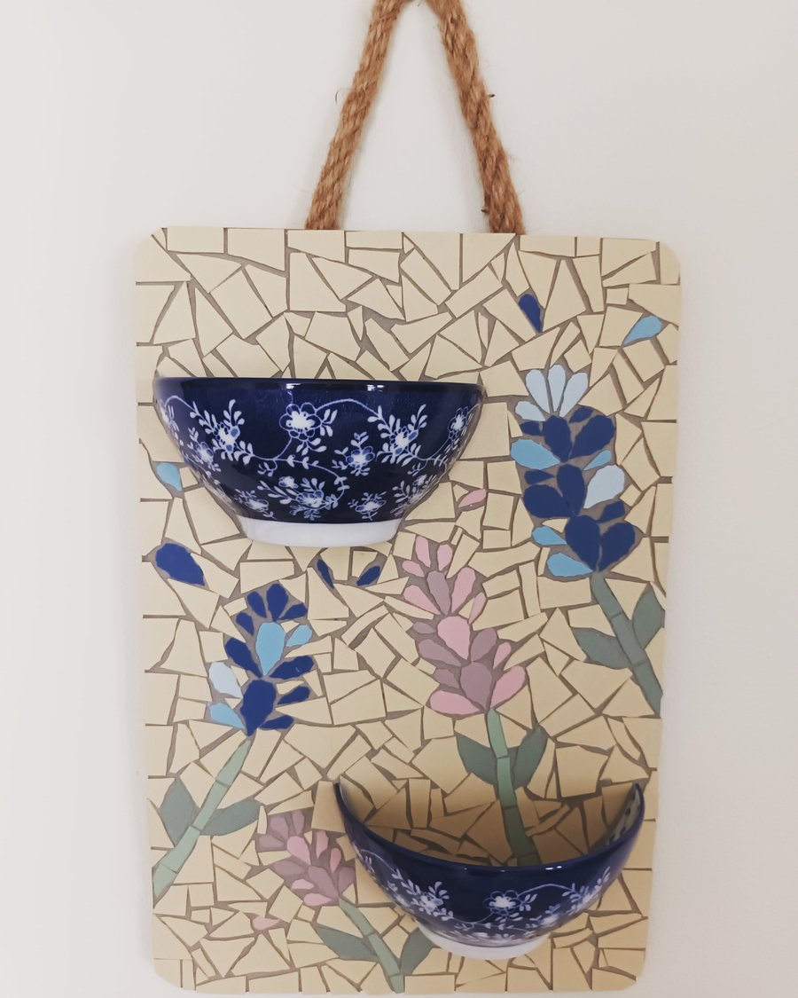 Handmade mosaic Lavender design wall pocket trinket, plant holder, bird feeder