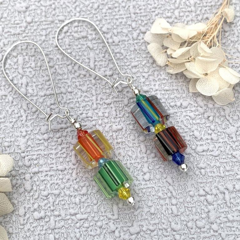 Boho Mismatch Cane Glass Patterned Drop Earrings