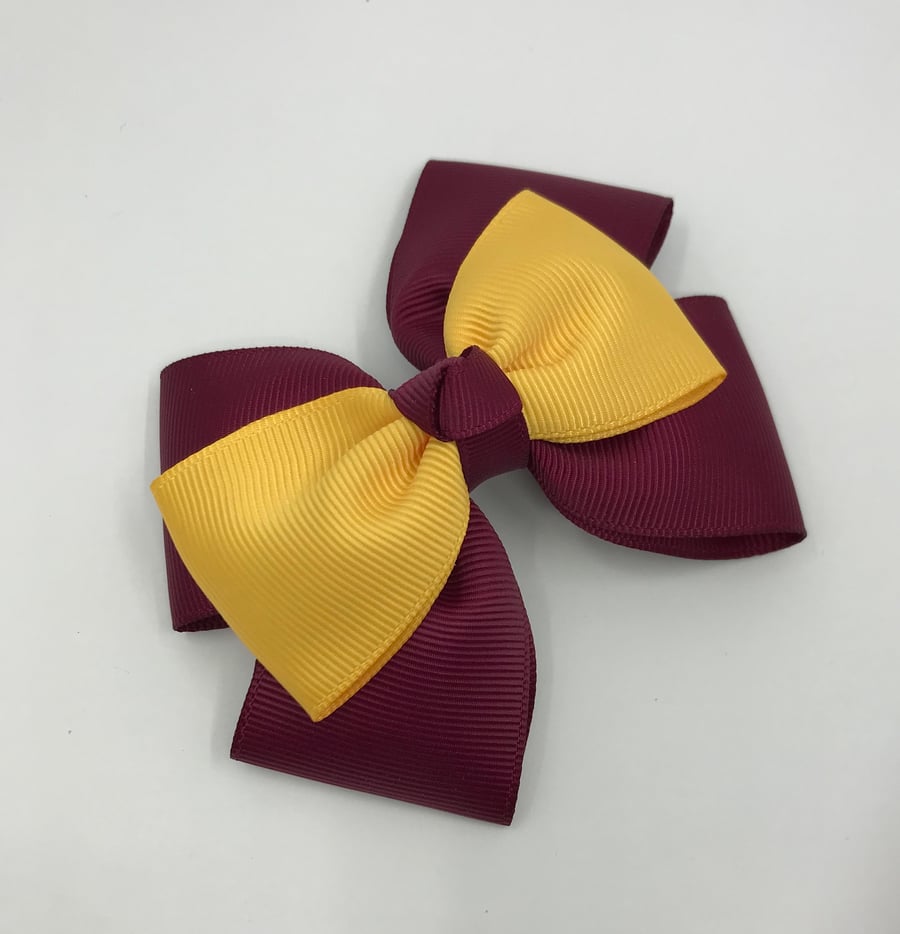 School Wine and Yellow Gold Top Knot Bow on Clip
