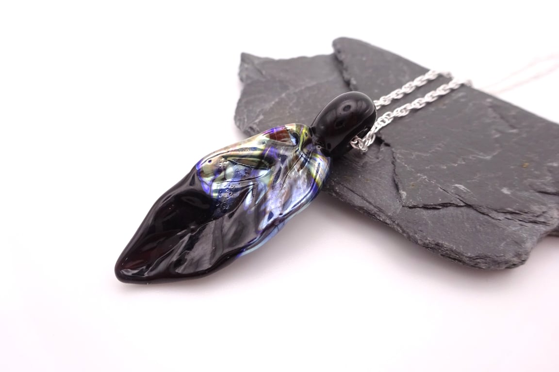 black and silver leaf pendant necklace
