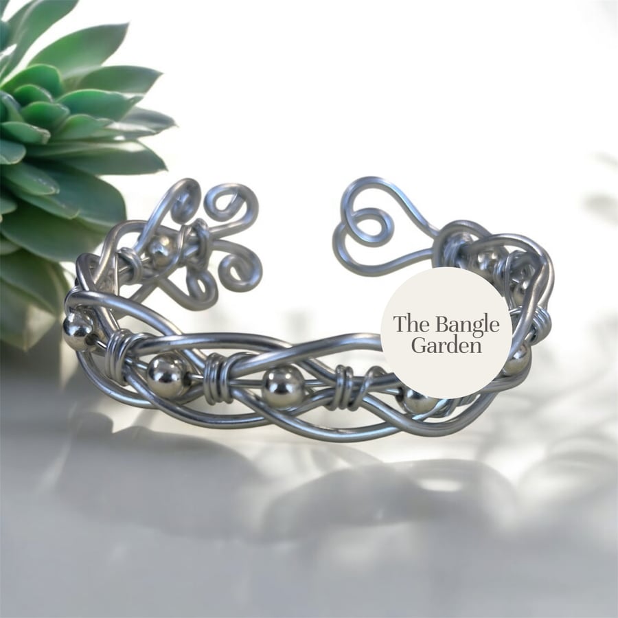 Wire wrapped silver & silver bead bangle