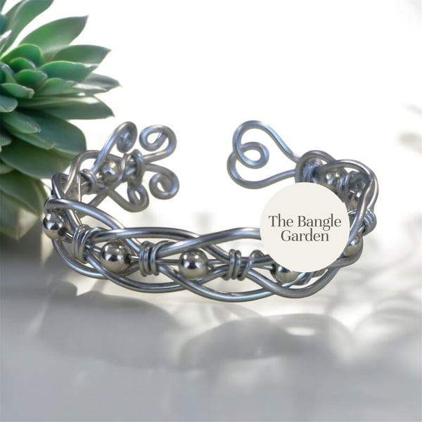 Wire wrapped silver & silver bead bangle