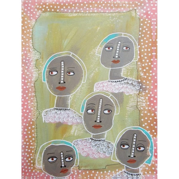 Whimsical Women Painting Illustration Pale Pastel Colour Small Quirky Female Art
