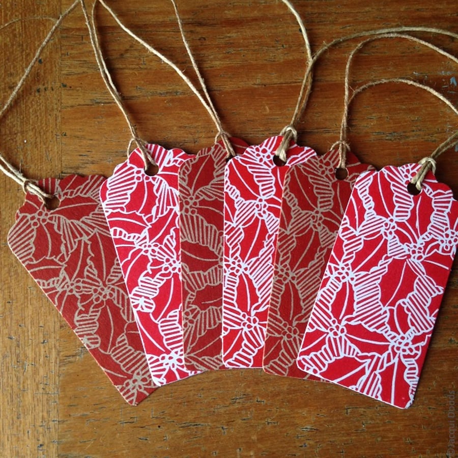 Holly linocut Christmas Gift Tags red