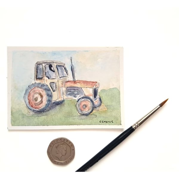 Original ACEO miniature watercolour painting RustingTractor 