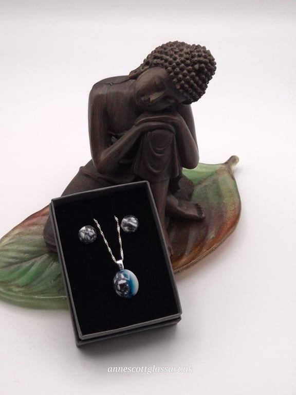 Blue, Black and White Fused Glass Stud Earrings and Pendant Set