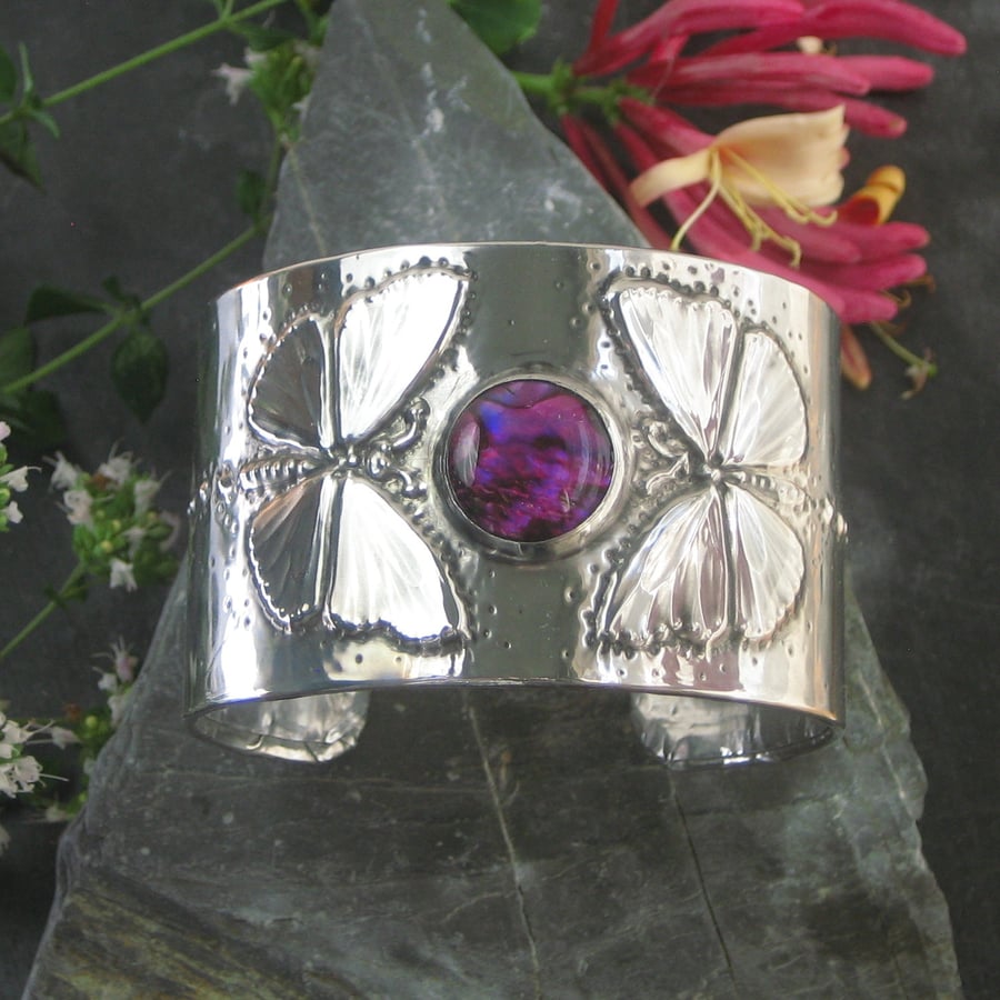 Butterfly and Pink Shell Pewter Cuff Bracelet