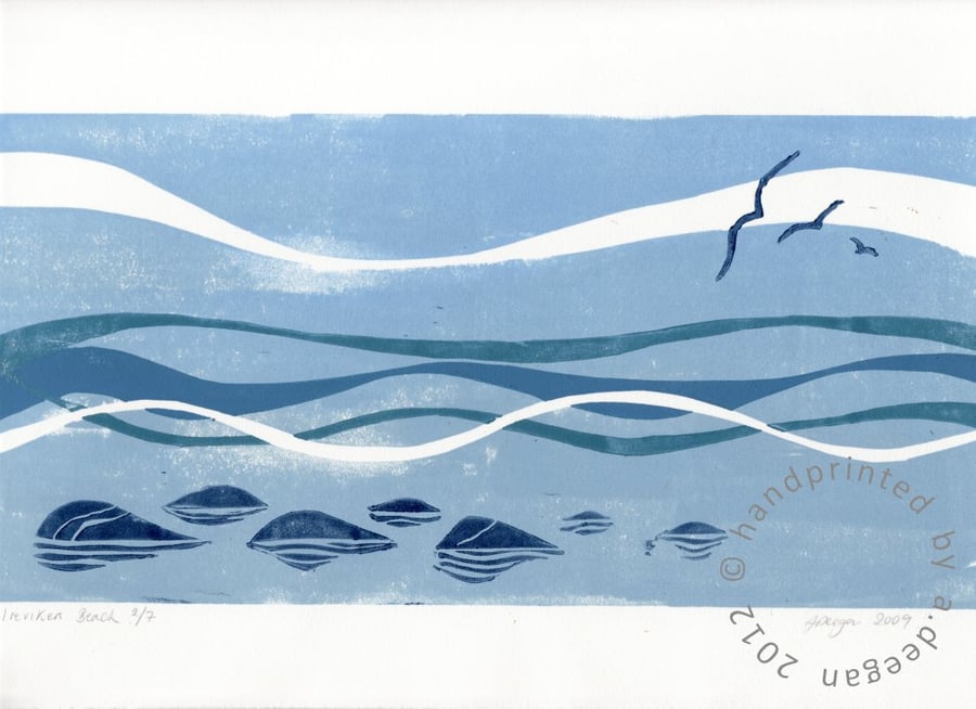 SALE Original lino cut print "Ireviken beach, Gotland"