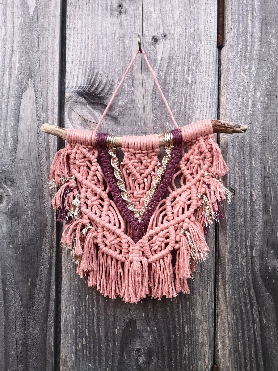 Small Macrame Wall Hanging with Metallic Accents 