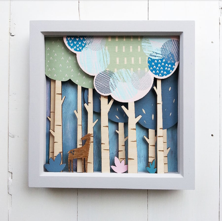 Enchanted Forest Shadow Box Diorama Picture, Fairytale Folklore , Deer Picture 