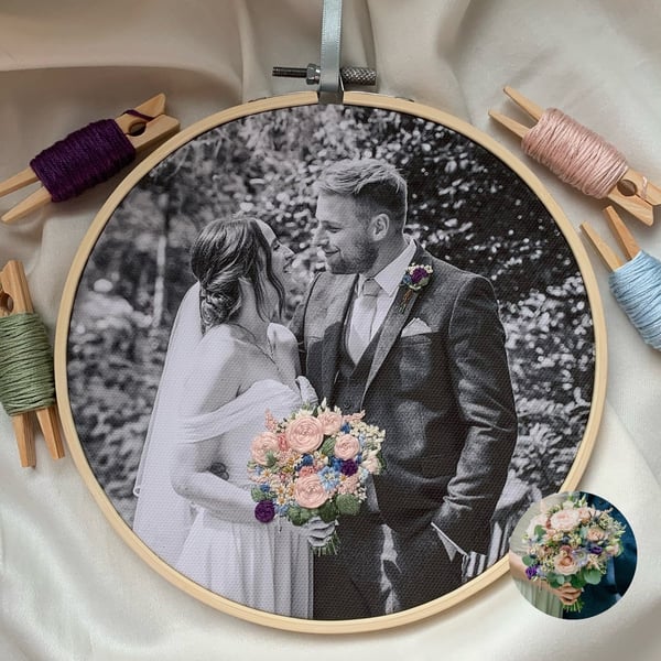 Custom Embroidered Photo Hoop Wedding Art Family Anniversary Flower Girl cotton