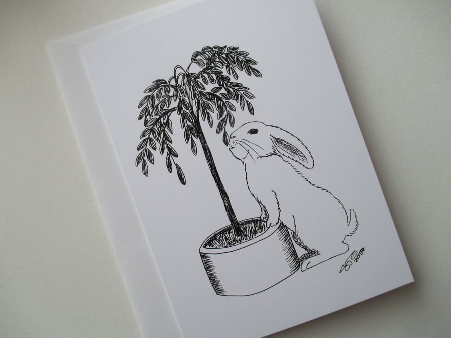 Bunny Rabbit Black & White Monochrome Blank Greetings Card Illustration