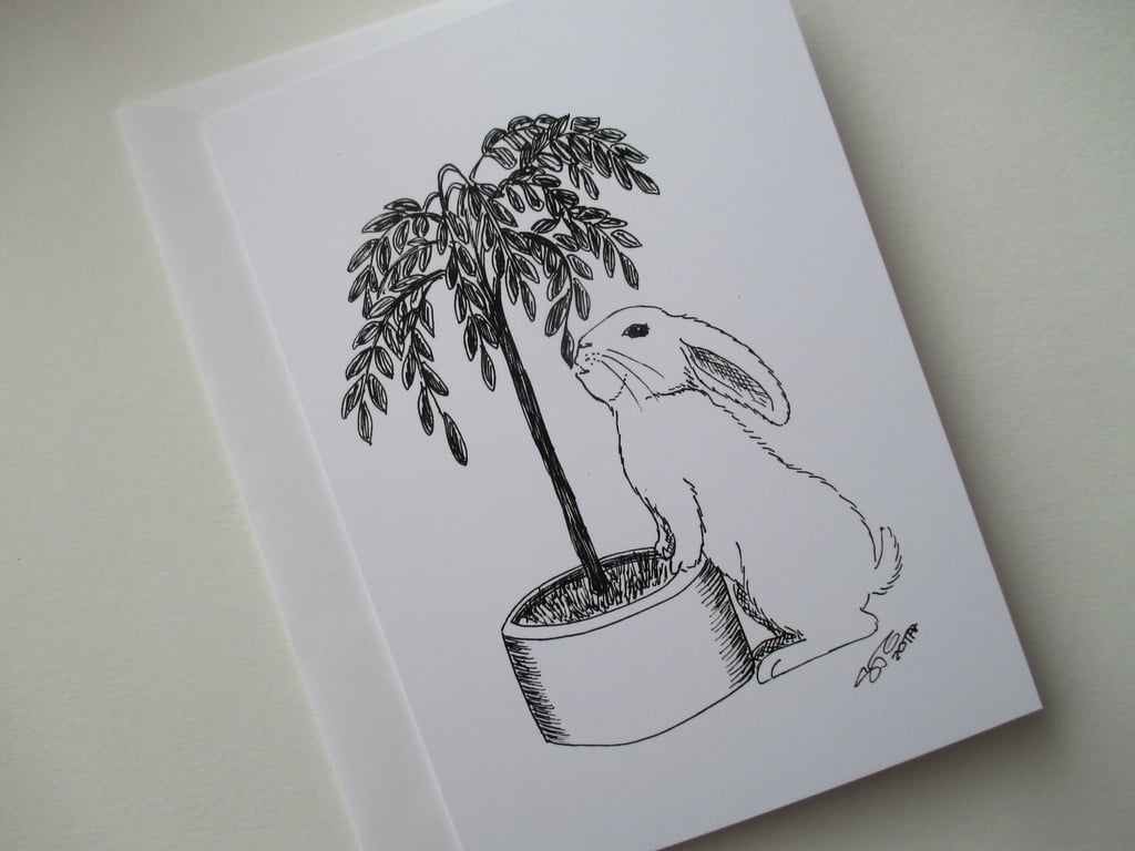 Bunny Rabbit Black & White Monochrome Blank Greetings Card Illustration