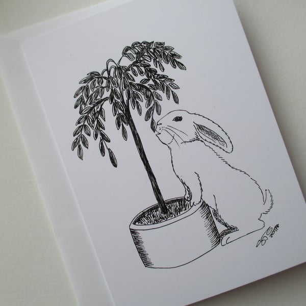 Bunny Rabbit Black & White Monochrome Blank Greetings Card Illustration