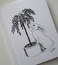 Bunny Rabbit Black & White Monochrome Blank Greetings Card Illustration - Image 1