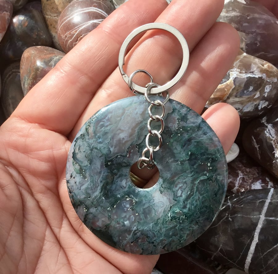 Substantial Moss Agate Gemstone Spinner Keyring or Handbag Charm!