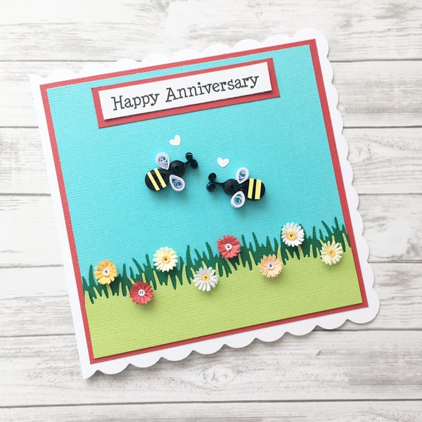 Anniversary card - quilled bees and flowers 