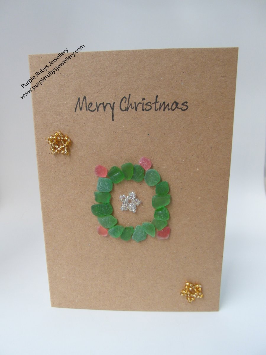 Sea Glass Christmas Wreath with Gold & Silver Stars Christmas Card C167