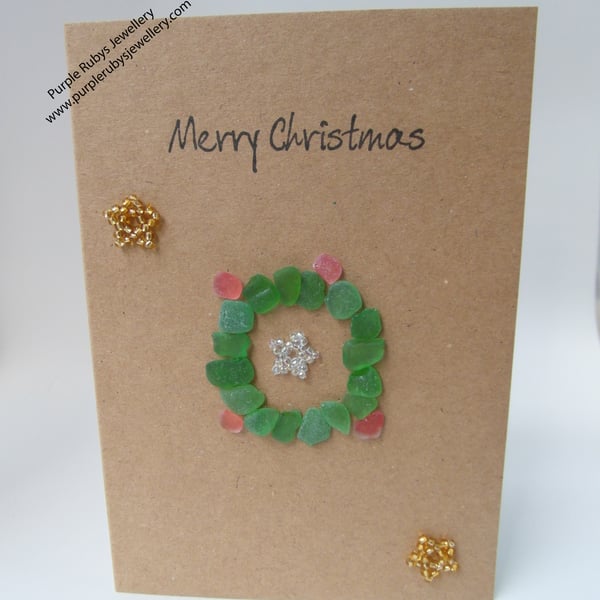 Sea Glass Christmas Wreath with Gold & Silver Stars Christmas Card C167