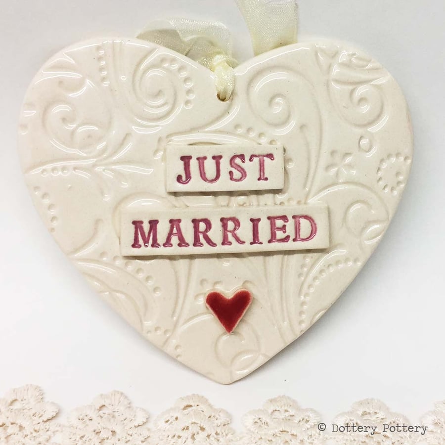 Ceramic Wedding heart decoration Just Married Pottery