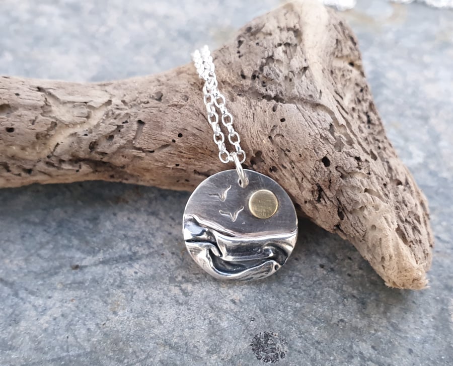 Silver mountain, hills, sea landscape pendant 