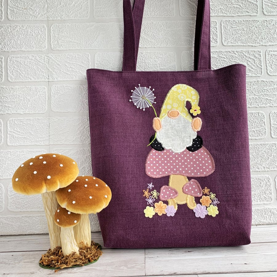 SOLD - Purple tote bag with Scandi gnome, mushrooms and dandelion clock
