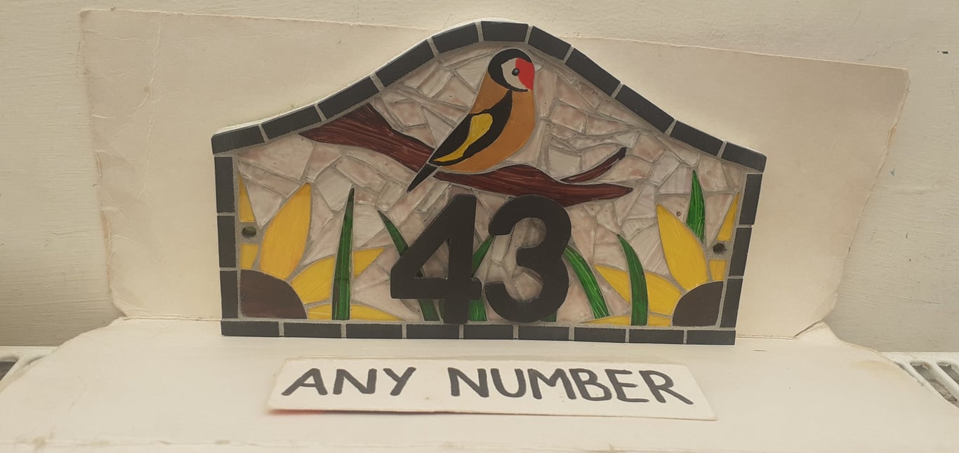 Goldfinch Glass Mosaic House Number Plate Plaque Door Sign 