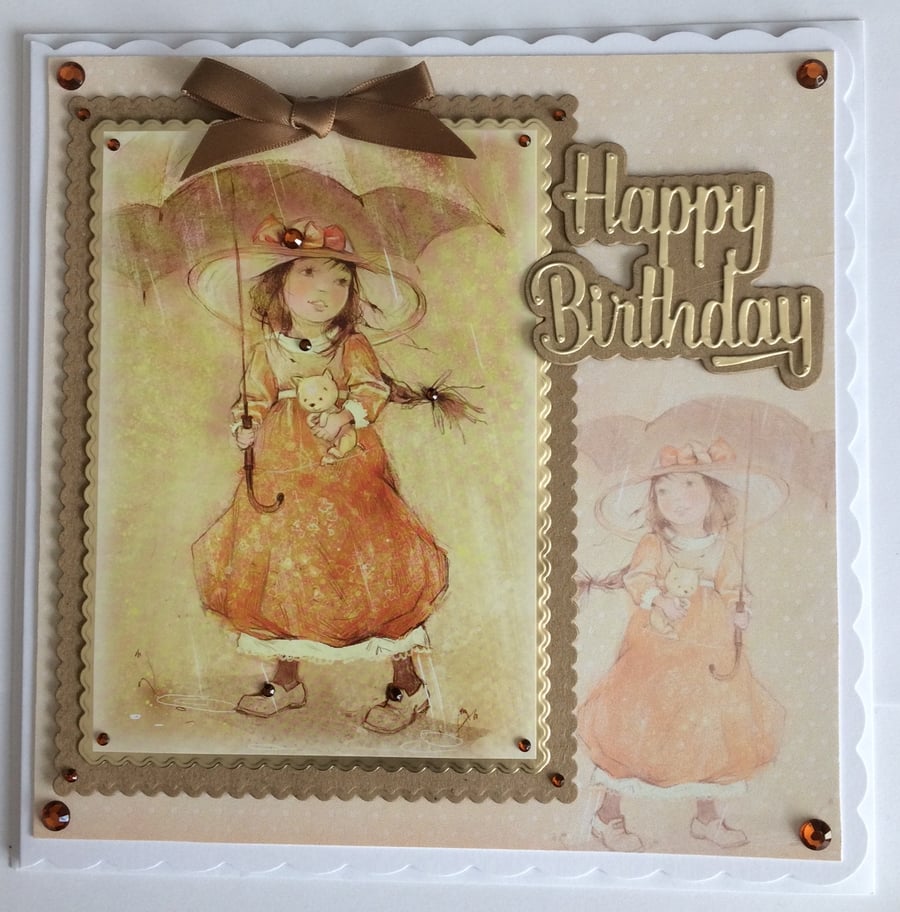 Birthday Card Vintage Girl Teddy Rain Birthday Any Occasion
