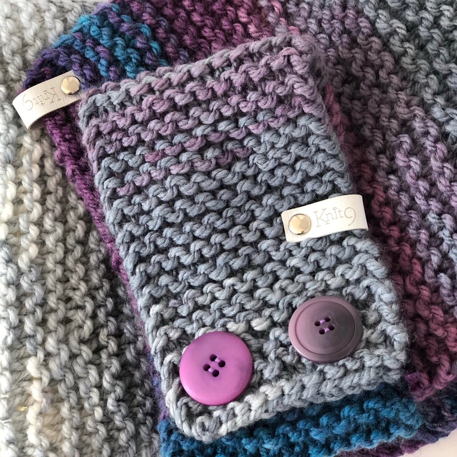 Hand Knitted Dog Scarf Neck Warmer - Cosy Chunky Yarn Button Fasten - Grey Blues