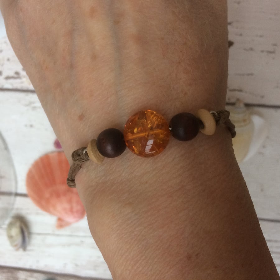 Copal  Amber Cord Bracelet with Wood Beads