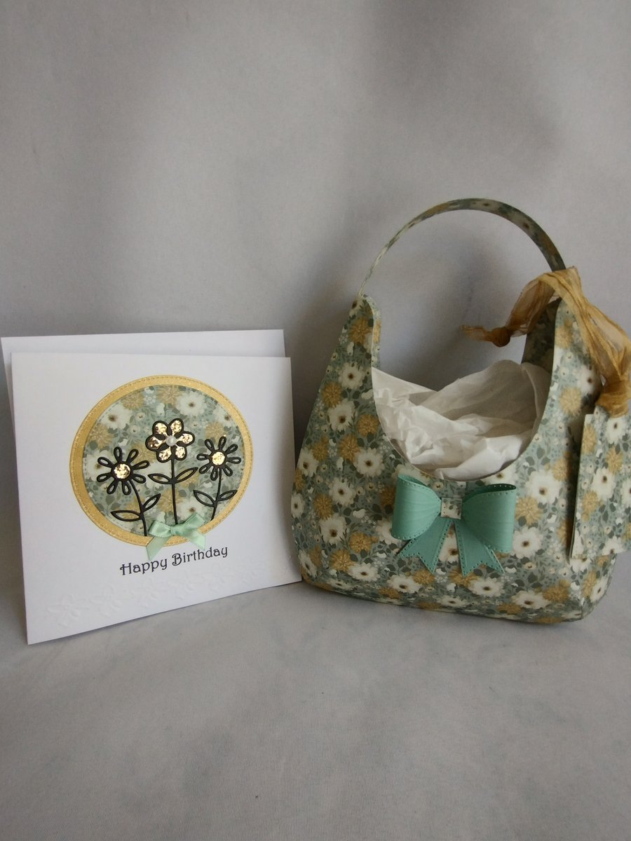Green Floral Hobo Style Gift Bag with matching Birthday card 
