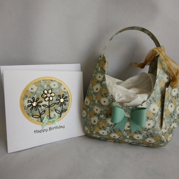 Green Floral Hobo Style Gift Bag with matching Birthday card 