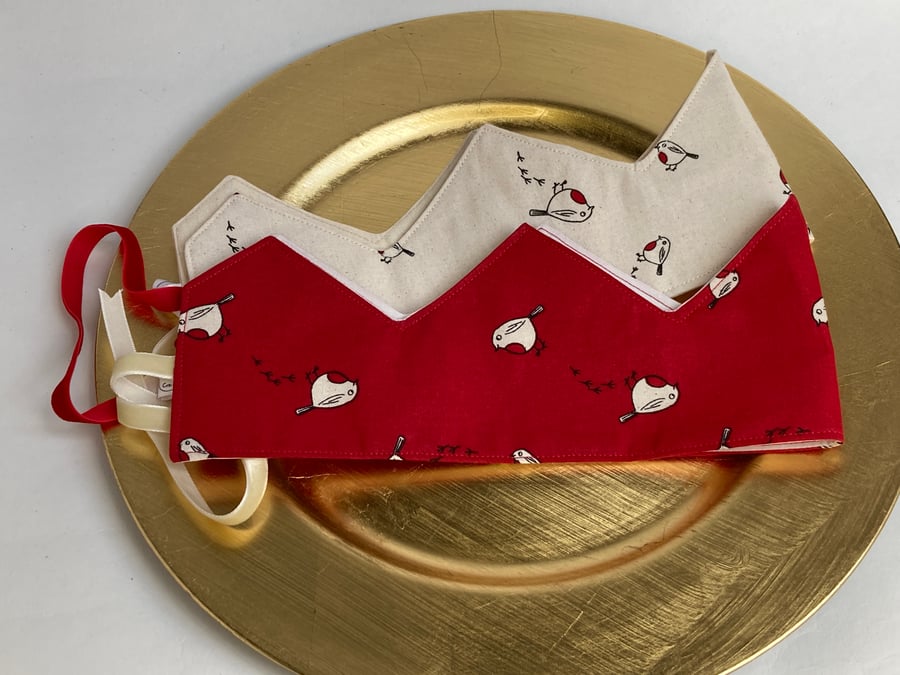 Set of 2 Christmas Crowns in robin fabric. Reusable, fabric party hat. 
