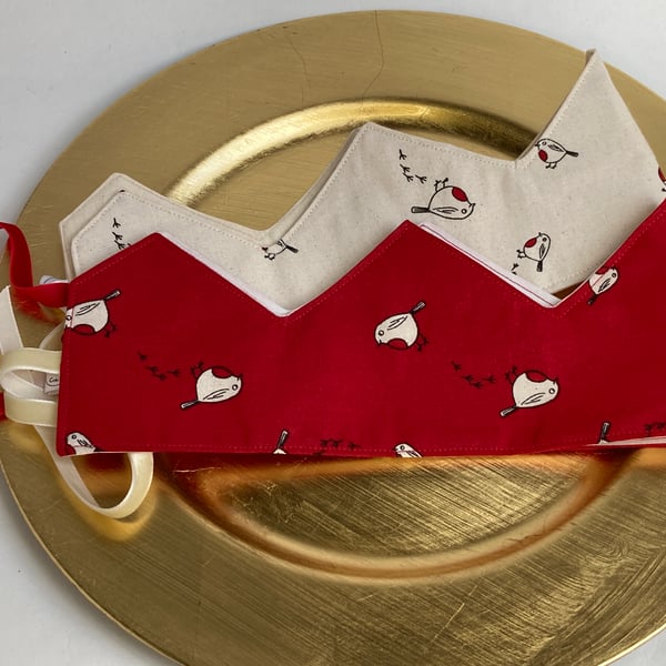 Set of 2 Christmas Crowns in robin fabric. Reusable, fabric party hat. 