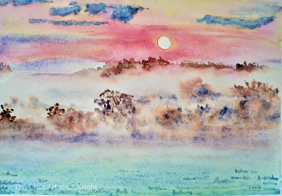 Misty dawn landscape hills and woodland red sky original watercolour painting