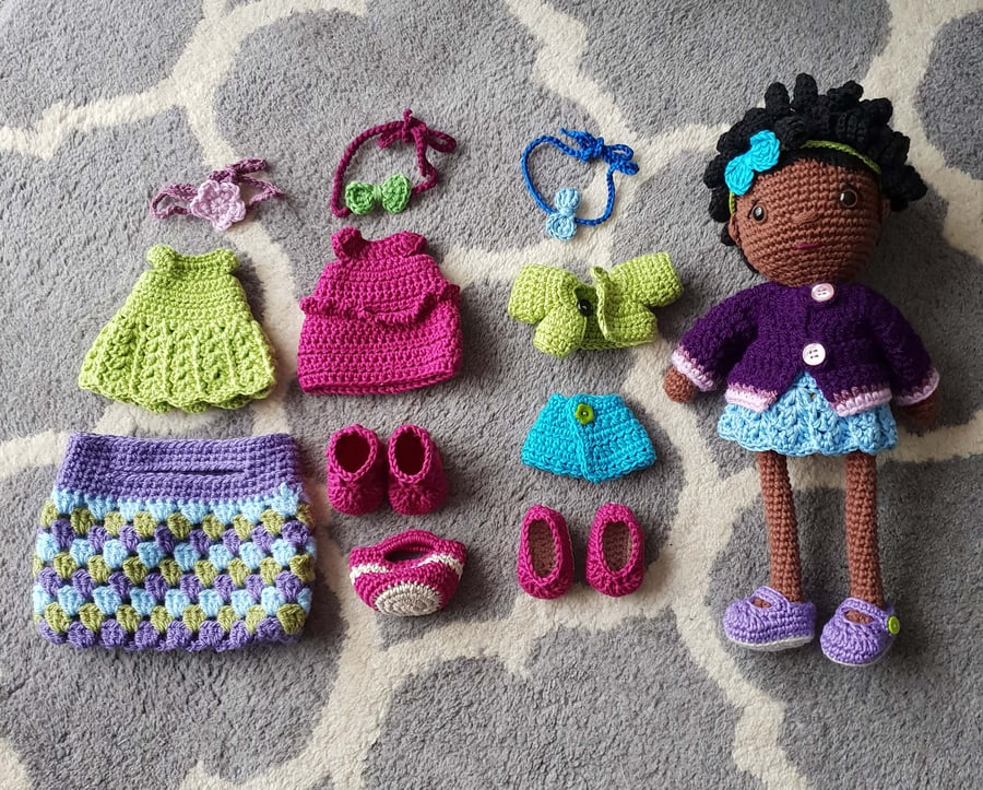 Crochet Doll with clothes and shoes for dressing up