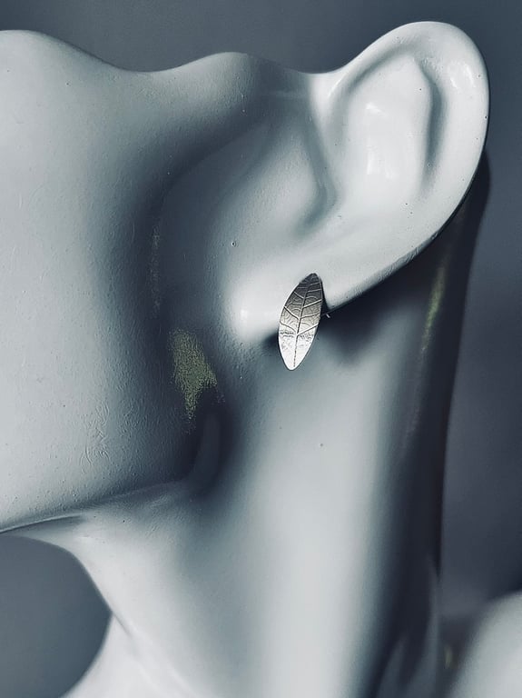 Large Sterling Silver Leaf Print Stud Earrings