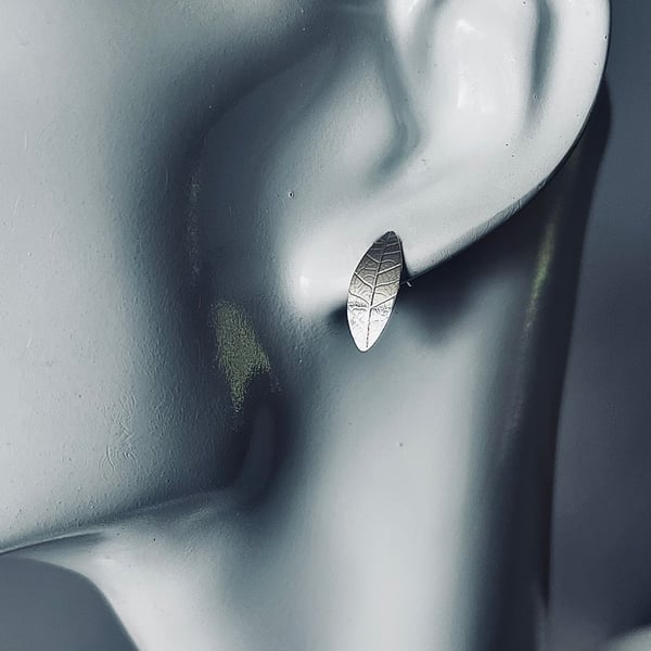 Large Sterling Silver Leaf Print Stud Earrings