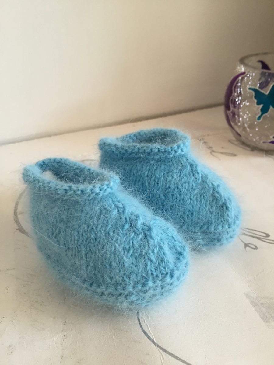 Angora Booties Light Blue Soft Baby Shoes 0 - 3 Months Baby Knitted Booties