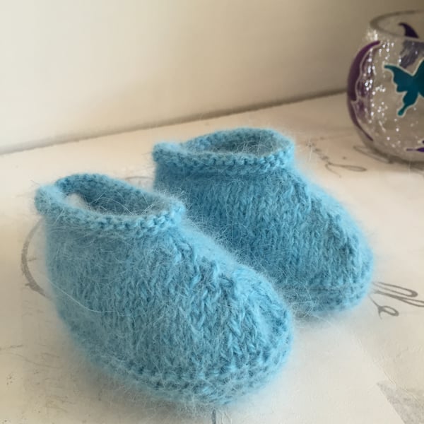 Angora Booties Light Blue Soft Baby Shoes 0 - 3 Months Baby Knitted Booties