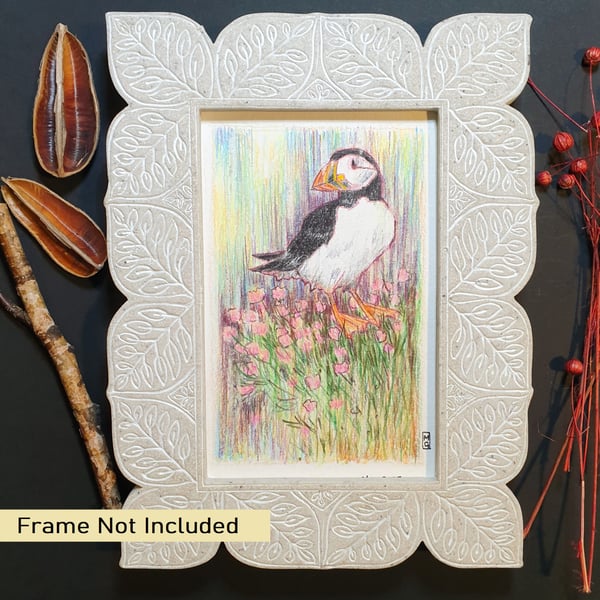 Little puffin drawing, Letterbox art gift, small original artwork 