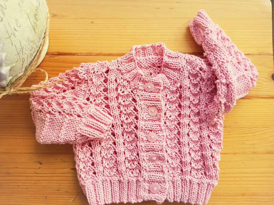 Hand Knitted Pink Cotton lacy Baby Cardigan 16"