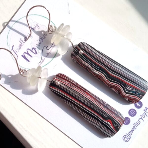Fordite Earrings Silver Jewellery Gift Drop Seaglass Rectangle Red Black