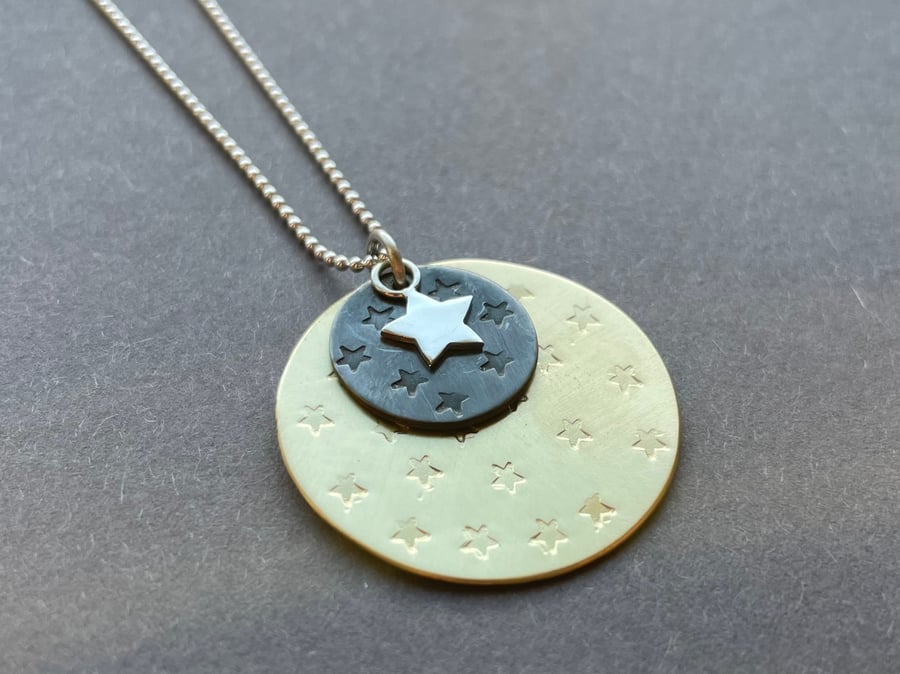Brass and silver star circle necklace 