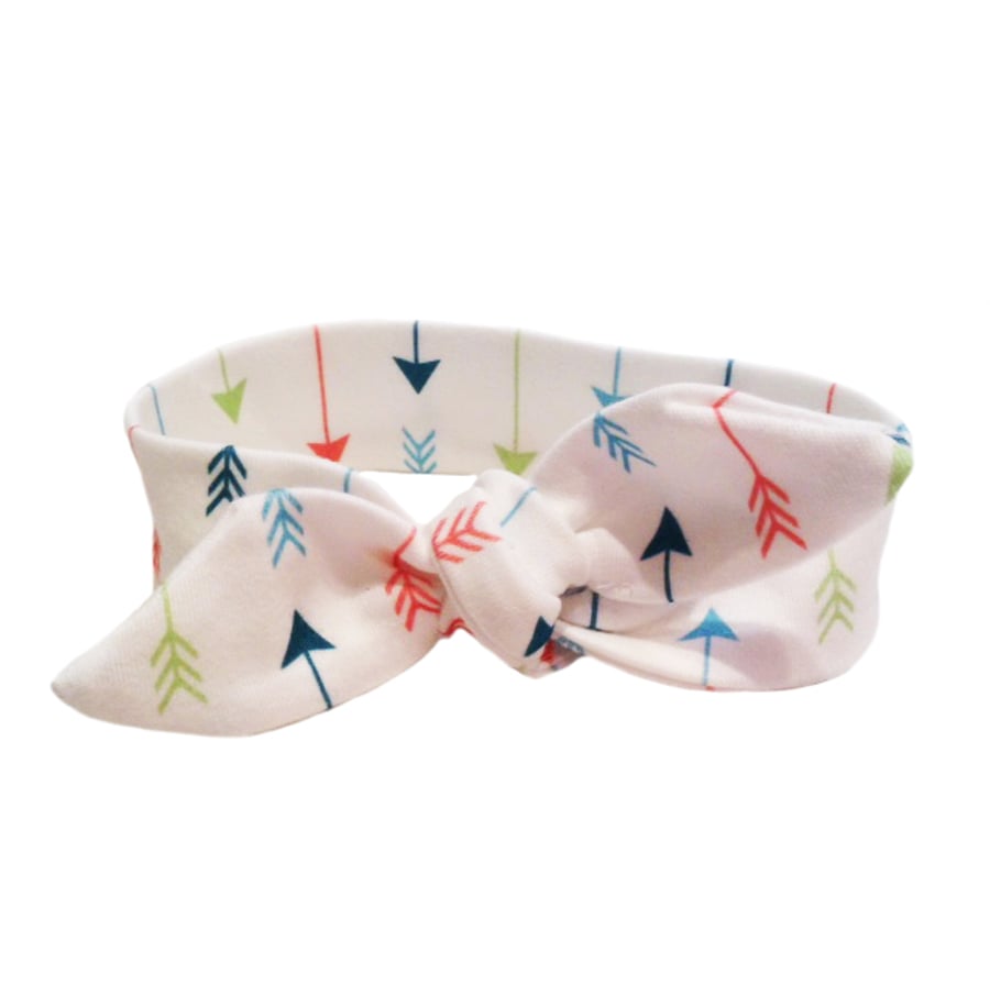 ORGANIC Baby Knotted Headband in MULTI ARROWS ON Cream - Modern Baby Gift Idea