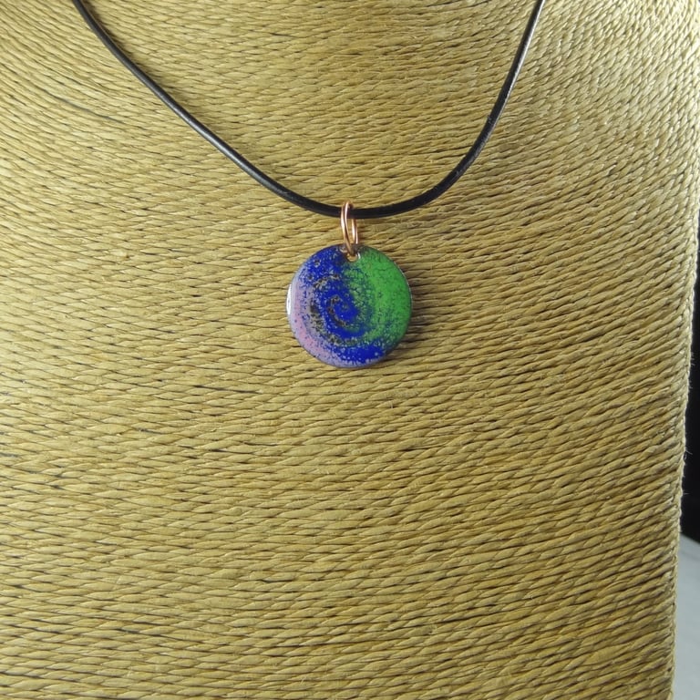 Pink blue green glass enamelled copper pendant on leather cord 22mm disc (0106)
