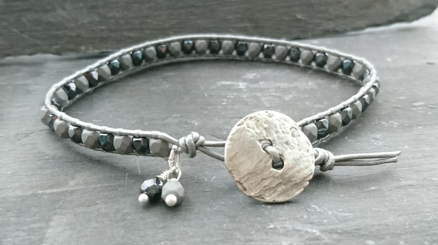 Mixed grey leather and glass bead bracelet with silver button