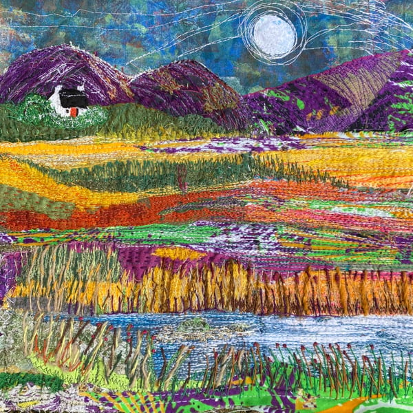Moonlit hills and moorlands, embroidered textile landscape hanging 