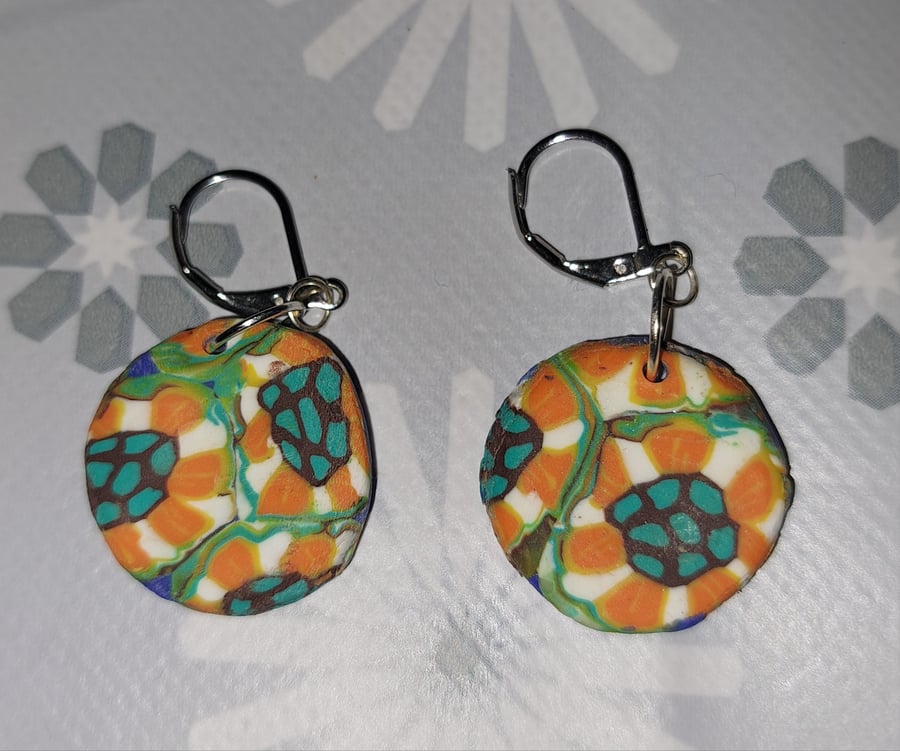 Funky round handmade polymer clay earrings, 60's inspired