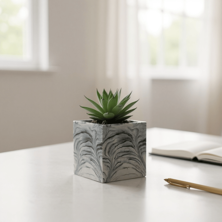 Square Plant Pot - White Marble Effect Cubed Planter 